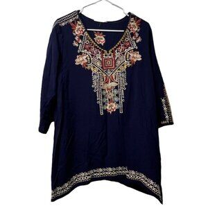 Solitaire Tunic Top Medium Navy Floral Embroidered Long Sleeve Boho Peasant City